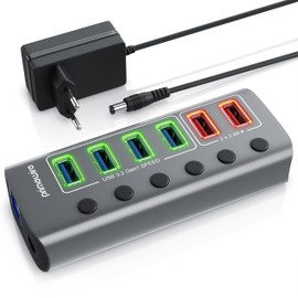 CSL - USB 3.2 Gen.1 6 Port Hub Active Switchable - with Power Supply - 4 x USB 3.2 Gen1, 2 x USB Smart Charge Ports - Aluminium Housing Grey - for PC Notebook Laptop Tablet PC - up to 5 Gbps