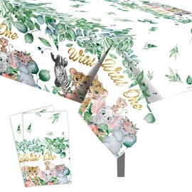 Jungle Animals Tablecloth, 130 x 220 cm, Jungle Tablecloth, Birthday, Pack of 2, Disposable Tablecloth, Plastic, Waterproof, Tablecloth, Birthday, Boys and Girls, Jungle Birthday Decoration