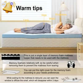 2 Inch California King Mattress Topper,Full Size Memory Foam Mattress Topper,Cooling Gel Soft Mattress Durable Material Relieves Back Pain,CertiPUR-US Certified,Light Blue,Individually Boxed
