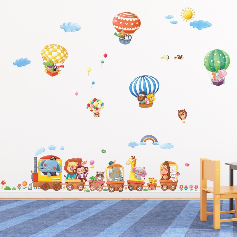 DECOWALL DA-1406 Train and Hot Air Balloons Cars Planes Animals