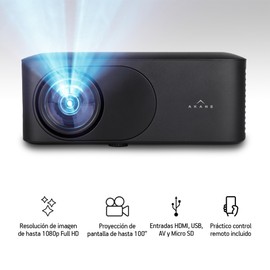 Akane Mini Proyector Portátil Full HD 1080P con Bocina y Control Remoto para Cine en Casa y Presentaciones, Imagen Full HD de hasta 100” Pulgadas, Entradas HDMI, AV, USB y Micro SD, Ultra Potente