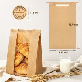 BagDream 60 Pcs Large Paper Bread Bags for Homemade Bread with Clear Window, Tin Tie Tab, 13.7x8.3x3.5 Inch Kraft Paper Sourdough Bags with Stickers for Bakery Packaing Storage, Loaves, Boules, Bagels