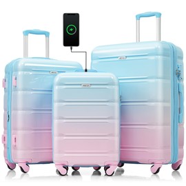 Merax Luggage Sets, ABS Hardshell Suitcase Spinner Wheels with USB Port and TSA Lock, Pink and Blue, 20/24/28 Inch
