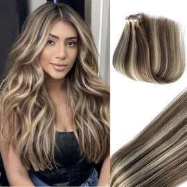 Blonde Tape in 100% Real Hair Extensions Human Hair,Light Brown to Blonde Highlights Soft Straight Skin Weft Remy Human Hair Extensions Tape in 30G/20Pieces Invisible Hair Extensions Tape in for Women