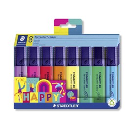 STAEDTLER Resaltador Textsurfer Classic, Happy Colours, gran almacenamiento de tinta, larga duración y vida útil, secado rápido, punta de 1-5 mm, 8 rotuladores en estuche de cartón, 364 C8 HA