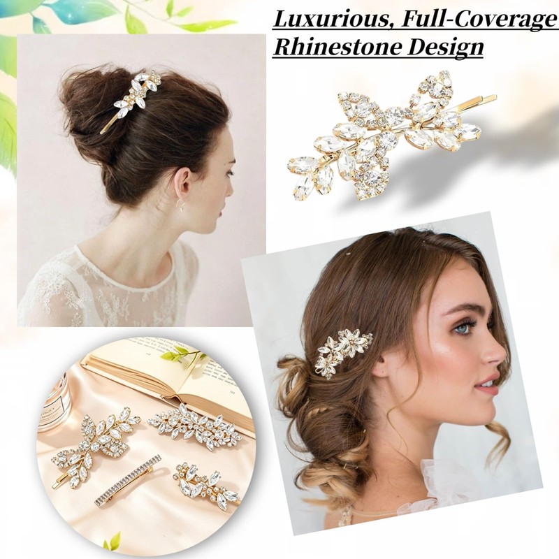 4 Pcs Rhinestone Gold Pearl Leaf Wedding Hair Clips Suitable