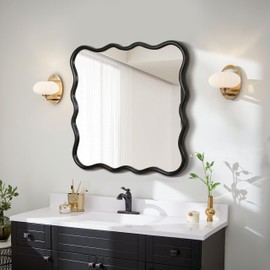 Udorich Stylish Solid Wood Wavy Square Mirror for Enhanced Décor, 36" x 36" in Timeless Black, Any Room