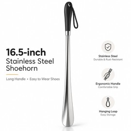 16.5-Inch Stainless Steel Shoe Horns, 2-Pack Long Handle Shoe Helpers with Black Grips