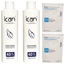 ICAN LONDON CREAM PEROXIDE 40 VOL 12% 250 ML x 2 + RAPID BLUE POWDER BLEACH 80G x 2 SET