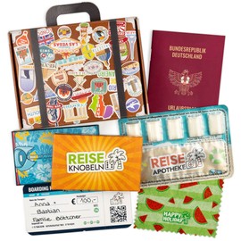 Travel gift for vouchers or money in mini cardboard case with a total of 7 accessories such as holiday pass with information, puzzle game