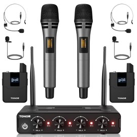 TONOR Wireless Microphone System, 4 * 10-Channel UHF Cordless Handheld Mic Set with Headset/Lavalier Lapel Mics, Bodypack Transmitter, Receiver, 200ft Range for Karaoke Singing Church DJ PA Speaker