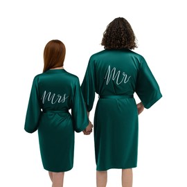 AW BRIDAL Matching Robes for Couples Silk Robe Kimono Robe with Pockets Mr and Mrs Gifts Anniversary Wedding Gifts for Bride and Groom, Hunter Green Mr./Mrs