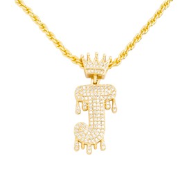 TKMIRA Gold Initial Letter Necklace for Women Men Iced Out Diamond Crown Letter A-Z Pendant Necklace with 24“ Rope Chain Hip Hop Jewelry (gold J)