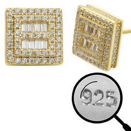 Real Solid 925 Sterling Silver - Men's Square Baguette Earrings - 14k Yellow Gold Plated - Iced CZ 10mm (3/8") Earrings Screw Backs - Flooded Out Aretes