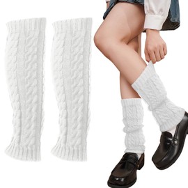 AUNGCSHE Leg Warmers, Soft Winter Leg Warmers for Women in Cable Knit, Elastic Leg Gloves, Women's Cotton Leg Warmers for Everyday Dancing, Sports, Gym, Mountain Tours, White