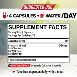 Sea Moss Capsules 2400mg w. Burdock Root & Bladderwrack - Irish Sea Moss Raw Organic, Organic Sea Moss, Seamoss Pills for Digestive, Skin Health, Immune & Body Balance Support - 150 Capsules