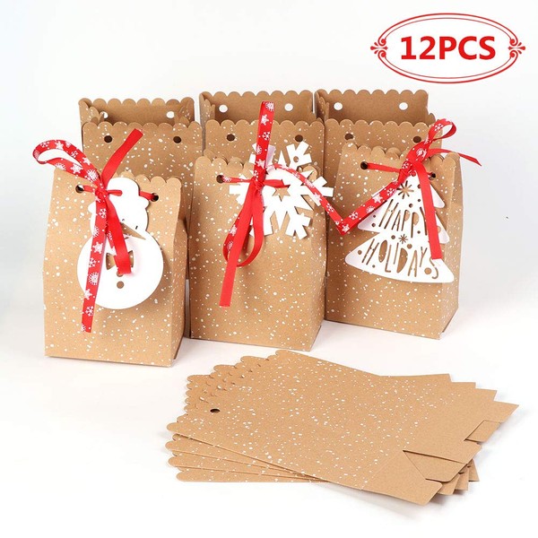 OurWarm 12pcs Christmas Treat Bags Christmas Kraft Gift Bags with Christmas Tags and Ribbons, Xmas Paper Candy Goody Bags for Christmas Party Favors, 5 x 3 x 7 Inch holiday gift bags