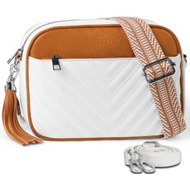 KEXYYUU Crossbody Bags for Women Vegan Leather Purses Quilted Small Shoulder Handbags Wallet with Two Adjustable Strap, White&brown