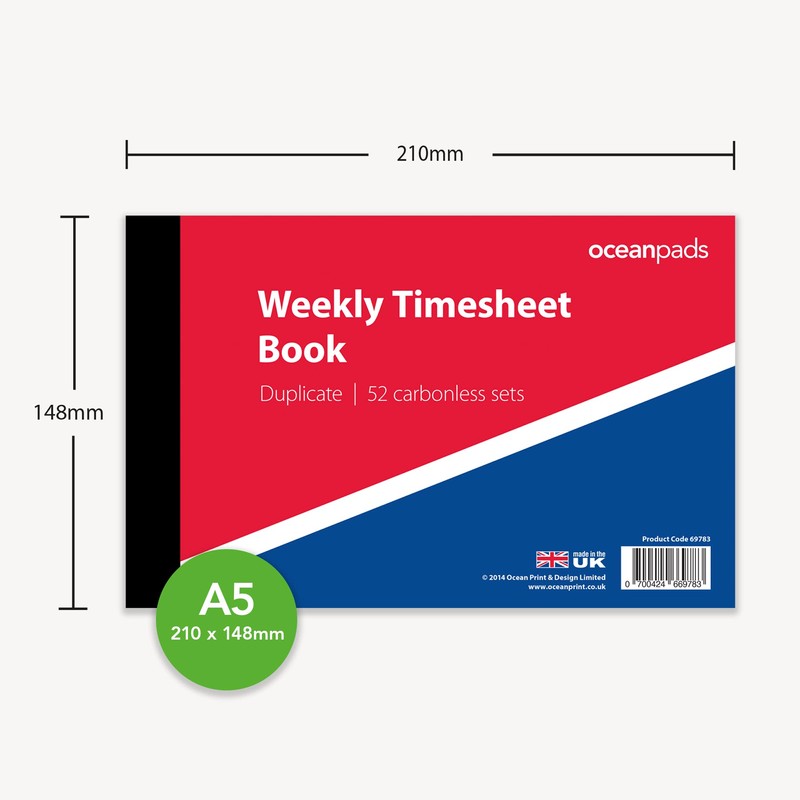 Weekly Employee Time Sheet Pad, Duplicate, A5 2-Part Carbonless Paper
