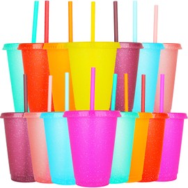 Yisituo 480ml Reusable Plastic Cups, 15 Pack of Kids Tumbler with Lid and Straw, for Cold Drinks, Iced Coffee, Travel and Smoothies (15, Glitter Colour)