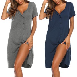 Ekouaer Womens Nightgown 2 Pack Button Down Sleepshirt Short Sleeve Nightshirt V Neck Pj Dress Navy Blue,Grey