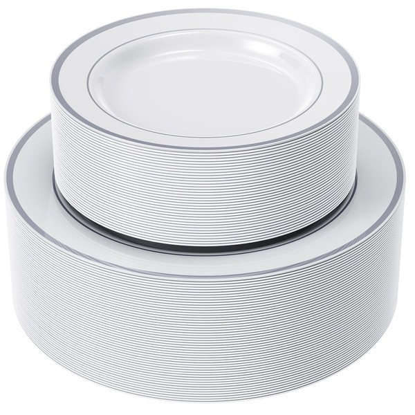 FOCUSLINE Silver Plastic Plates Set of 102, Disposable Heavy Duty
