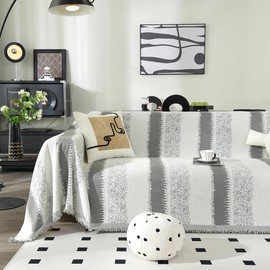 Booque Valley Soft Thick Chenille Sofa Cover Oversized Boho Striped Slipcover for Couch Pet Friendly Pill-Resistant Reversible Sofa Protector for Living Room (Large, 72" x 120", Grey and White)