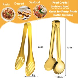 IAXSEE 4 PCS Serving Tongs 9 Inch Buffet Tongs Stainless Steel Serving Utensils for Salad Buffet Appetizer Dessert Food Parties, Gold
