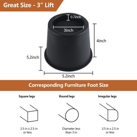 DEDU Bed Risers 3 Inch Heavy Duty 6 Pack, Furniture Risers for Sofas Supports Up to 6600 Lbs, Round Couch Risers for Bed, Couch, Desk or Chair (Black)