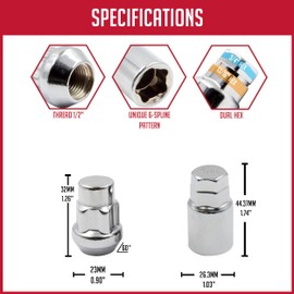 Wheel Accessories Parts 4 Locks + Key 1/2"-20 Thread Closed End Bulge 35mm 1.38" Long Wheel Lock Chrome Dual Hex Key 13/16" and 3/4" Hex Fits Ford Mustang ｜ Jeep Wrangler