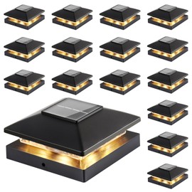Solar Post Cap Lights Outdoor 16-Pack, Black Waterproof Solar Powered Deck Fence Lights Fit 4x4 Wood/Vinyl Posts, Bright Warm White for Patio, Porch