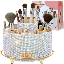 Bling Diamond Makeup Brush Holder, 360° Rotating Makeup Organizer, 5 Slot Make up Brushes Cup for Countertop, Storage for Cosmetics Pen Eyeliner Skincare on the Vanity ((Diamond white AB)
