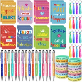PerKoop 64 Pcs Inspirational Gifts Bulk 16 Motivational Notebooks Journal 16 Ballpoint Pens 16 Wristbands 16 Keychains for Teacher Office Women Employee Party Favor (Colorful)