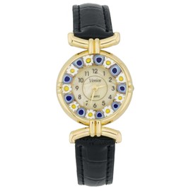 Glass Of Venice Murano Glass Millefiori Watch with Leather Band - Black