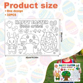 32pcs Easter Coloring Placemats for Kids, 16.54x11in Paper Table Mats with Interesting Game Easter Bunny Egg Crafts Table Decorations for Children School Party Decor (Not Include Crayon)
