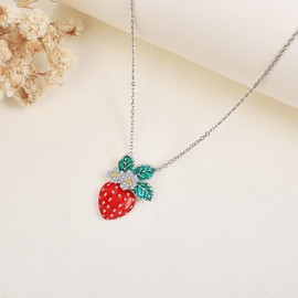 JERWLI Strawberry Necklace 925 Sterling Silver Strawberry Pendant Fruit Jewellery Gifts for Women Girls, Silver