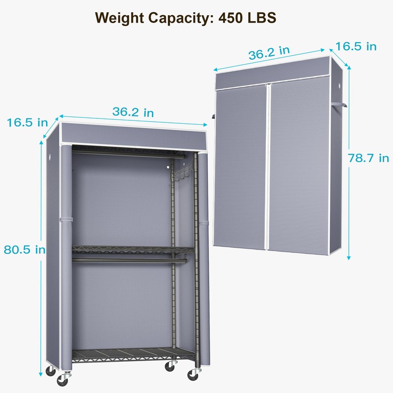 FUTASSI Black Clothing Rack with Grey Cover, P1C Rolling Closets