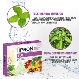 Tipson Tulsi Herbal Infusions - Assorted Flavors - 60 Organic Tea Bags - Double Chambered Bags - nonGMO - Caffeine Free - Gluten Free …