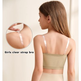 DANSHOW Girls Seamless Bandeau Bra for Teen Girls Training Sport Crop Top with 2 Pairs of Clear Straps, Chest Padding, Beige-1, Large