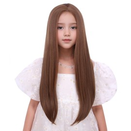 Edivd Girls Light Brown Wig Long Brown Straight Wig for Kids Long Middle Part Wigs for Child Heat Resistant Synthetic Wigs with Cap