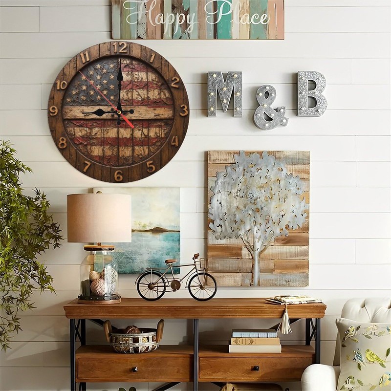 American Flag Rustic Wood Wall Clock Distressed Design Home Decor