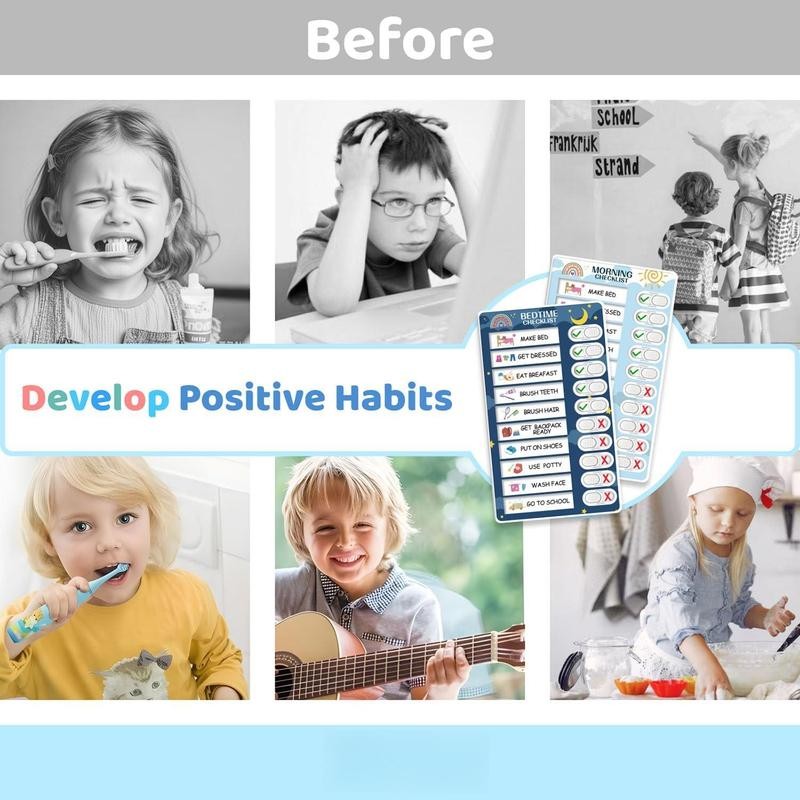 2 in 1 Bedtime/Morning Routine Chart for Kids Toddlers Magnetic