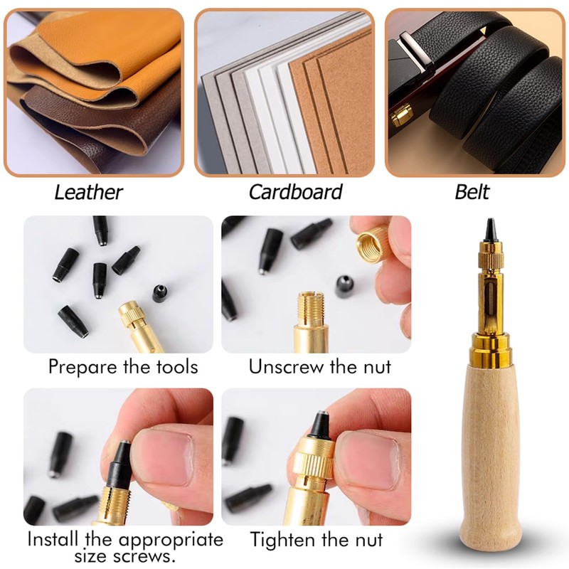 Bestgle Adjustable Leather Hole Punch Tool, Automatic Wood Handle Screw