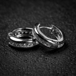 Steelt Knitted Mens One Row Iced Cz White Gold Plated Sterling Silver Hoop Huggie Earrings