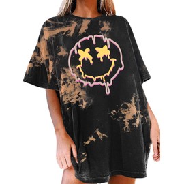 Avanova Women Short Sleeve Loose Fit Tops Tie Dye Oversized T Shirts Smiley Face Graphic Tees Tie Dye Brown W Large