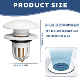 Waschbeckenstöpsel Pop Up Ablaufventil, Universal Abflussstopfen, Keramische Stöpsel Waschbecken, Bathroom Sink Stopper, Badewannenstöpsel mit Anti Clogging Sieb, Push-Typ Bad Stecker Ersatz, Weiß