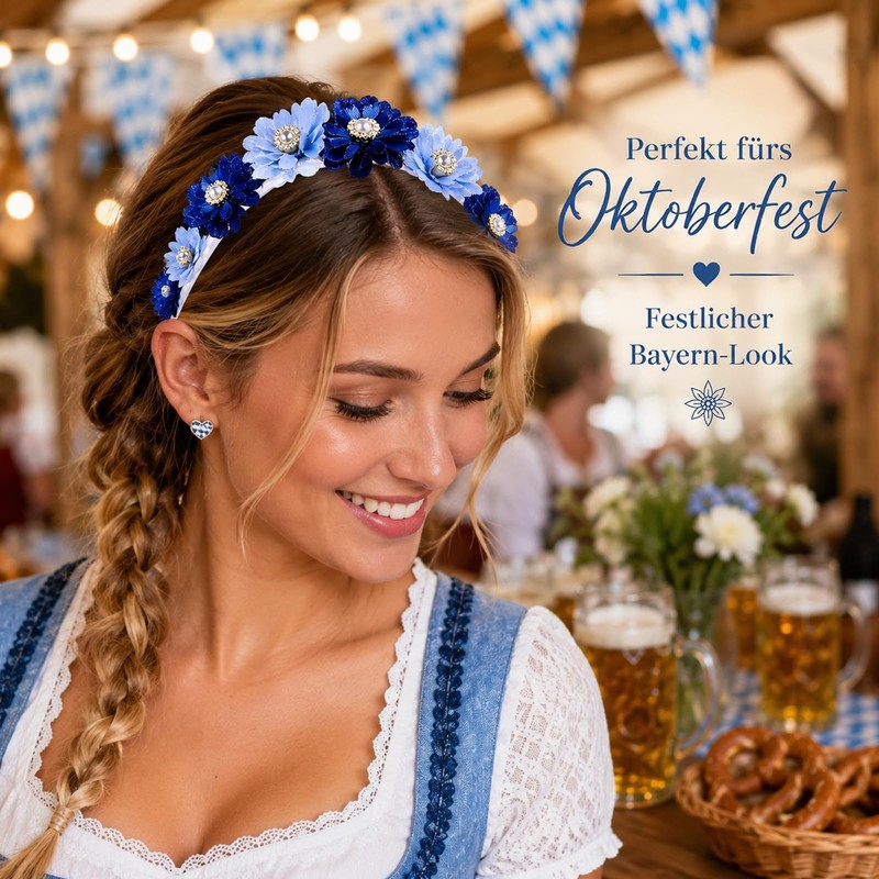 Women's Flower Headband Dirndl - Blue Oktoberfest Accessory Set