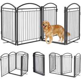 Paulmele Full Metal Free Standing Dog Gate with Door for Indoor & Outdoor,96'' Extra Wide 32'' Tall Dog Gate for The Doorways,Large Openings,Decks,Porch,Pet Freestanding Safety Fence(4 Panels,Black)