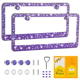 FIISFIIS Bling License Plate Frame for Women,2 Pack Premium Stainless Steel Rhinestone License Plate Holder,Handmade Glitter Crystal Diamond Lincense Plate Cover for Girl,Bedazzled Sparkly Caps-Violet
