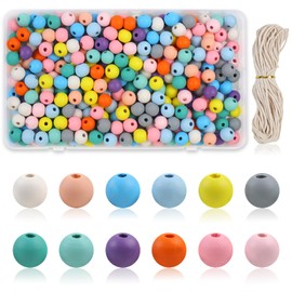Pack of 300 Wooden Beads Colourful for Threading, Colourful Wooden Beads with 3 mm Threading Hole, Wooden Balls Pastel, Wooden Beads with Waxed Band, 12 Colours, Craft Beads Wood for DIY Jewellery